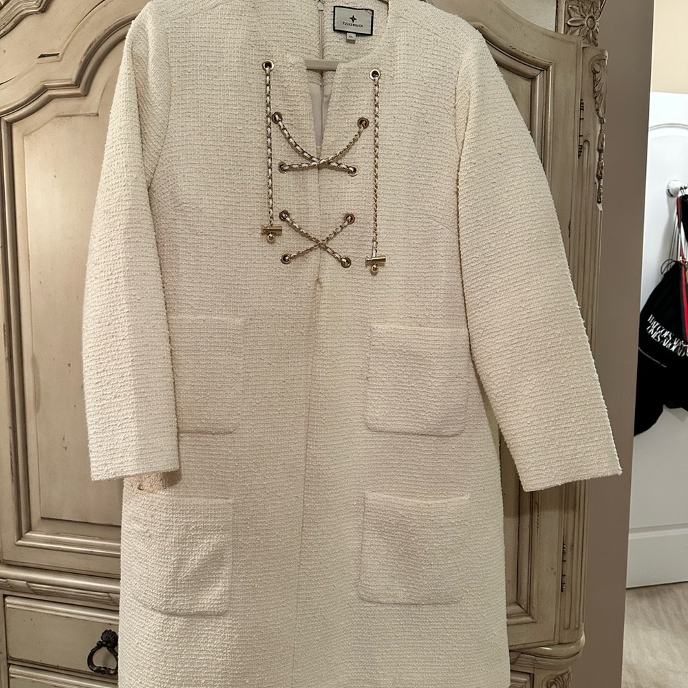 Tuckernuck Cream Textured Lace-Up Coat with Gold Chain Detail